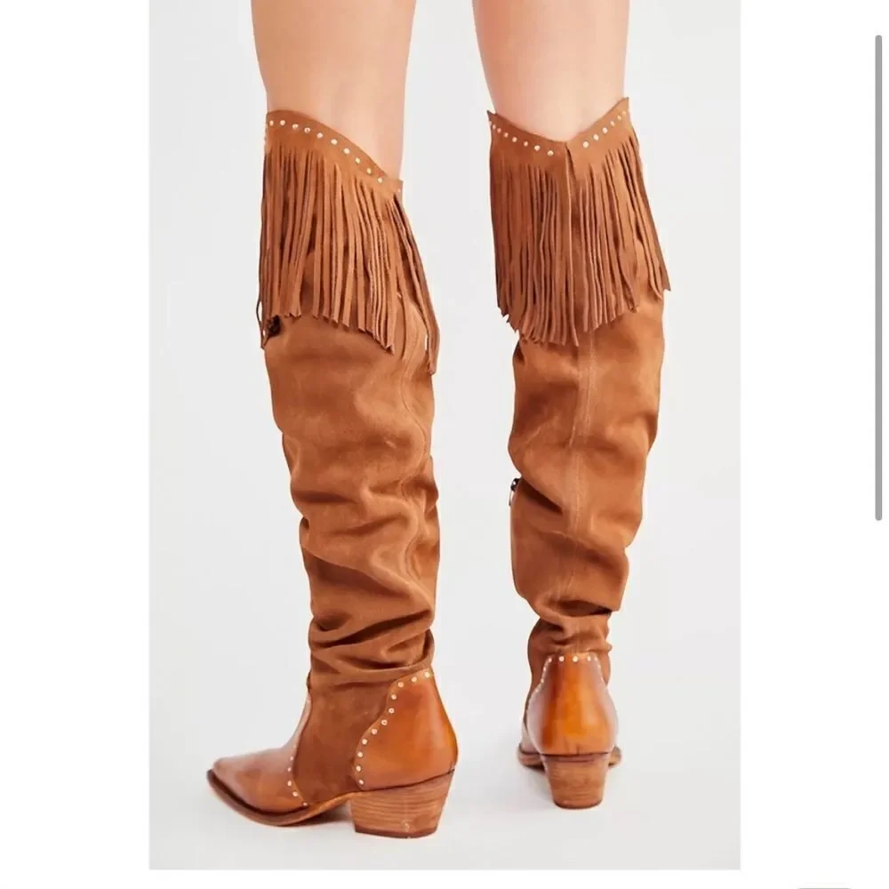 Free People Wayne Fringe Suede Over The‎ Knee Leather Western Boots Brown 6 NIB